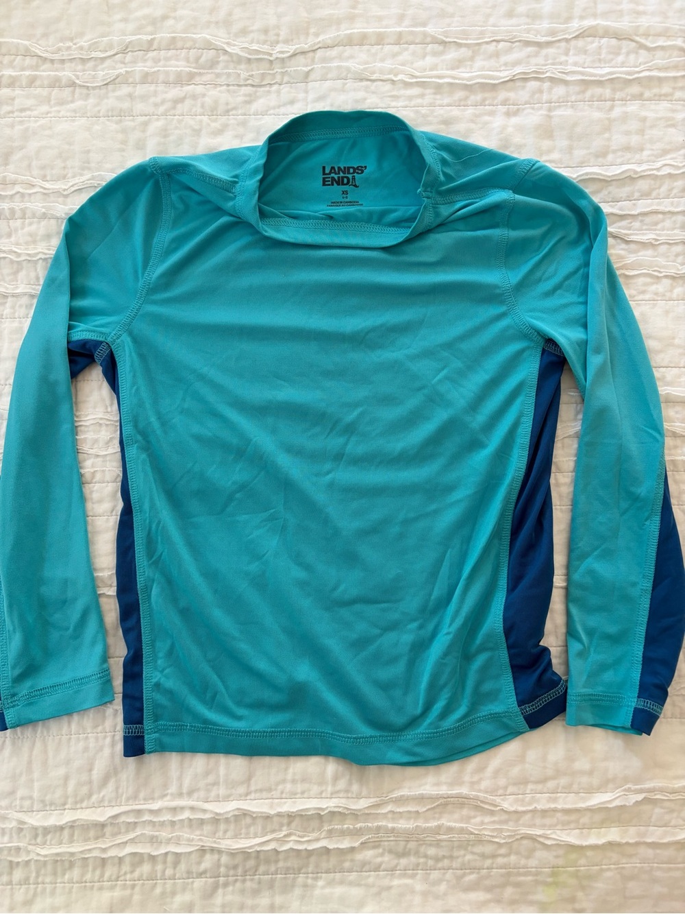 Lands' End Kid’s Long-Sleeve Active Top in Aqua with Navy Panels